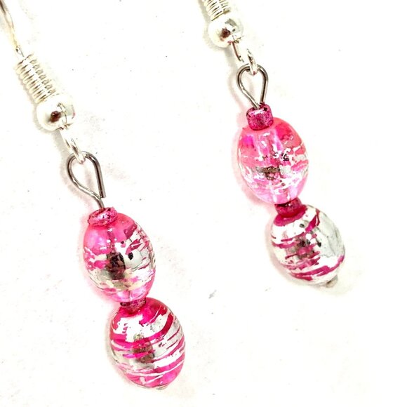 Murano Style Pink Silver Art Glass Bead Earrings Plated Dainty Dangle Handmade - Picture 2 of 7
